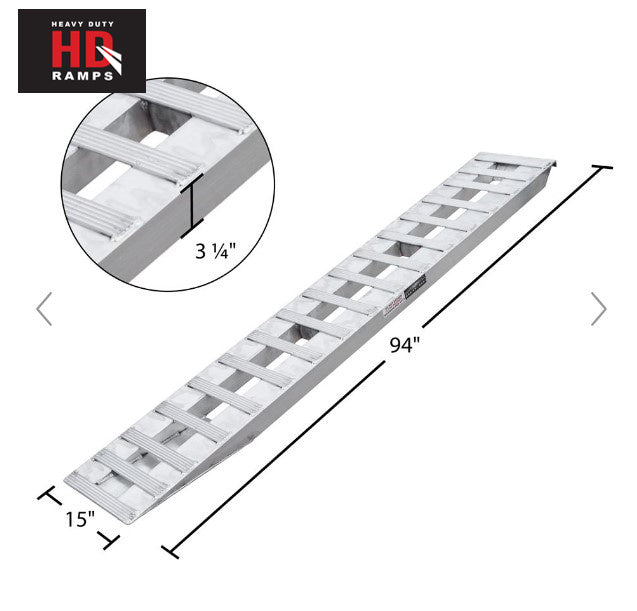 Car Trailer Ramp (pair) - Aluminum - 7'10" long x 15" wide. Hook End. Knife Foot. 5,000lb / axle