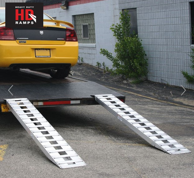 Car Trailer Ramp (pair) - Aluminum - 7'10" long x 15" wide. Hook End. Knife Foot. 5,000lb / axle